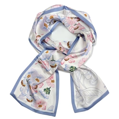 GIMIRO Satin Seidenschal Doppelschichten 150 x 16cm Krawatte Blumen Taillengürtel für Blazer, Mantel, Kleid (23# Light Blue/White/Pink Floral) von GIMIRO
