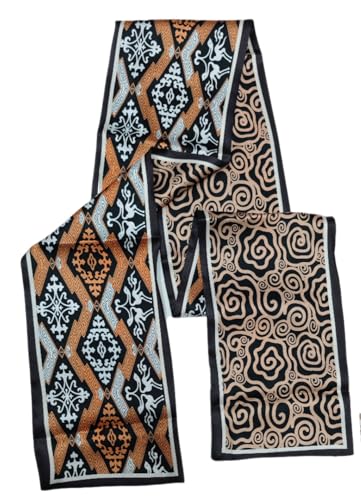 GIMIRO Satin Seidenschal Doppelschichten 150 x 16cm Krawatte Blumen Taillengürtel für Blazer, Mantel, Kleid (29# Black/Orange Rhombus/Latte Flower Unisex) von GIMIRO
