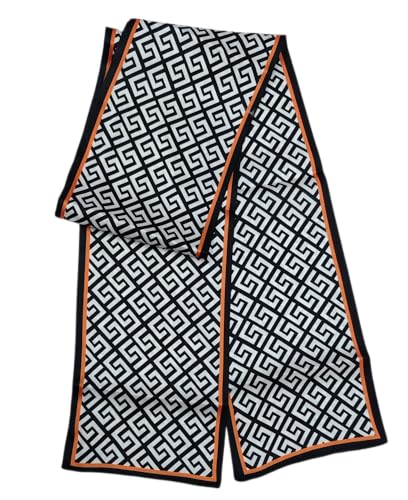 GIMIRO Satin Seidenschal Doppelschichten 150 x 16cm Krawatte Blumen Taillengürtel für Blazer, Mantel, Kleid (7# Orange/Black/White Unisex) von GIMIRO