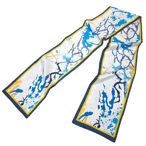 GIMIRO Satin Seidenschal Doppelschichten 150 x 16cm Eleganter Schal mit Aquarell-Design Blau-Weiß mit Gelber Bordüre Modernes Accessoire (Blue Irregular Curves) von GIMIRO
