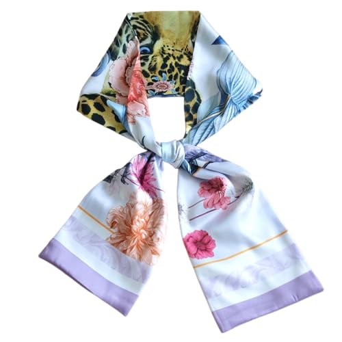 GIMIRO Satin Seidenschal Doppelschichten 150 x 16cm Luxuriöser Schal mit Blumen- und Leopardenmuster, Mehrfarbig, Elegant (Orange Blue Peony) von GIMIRO