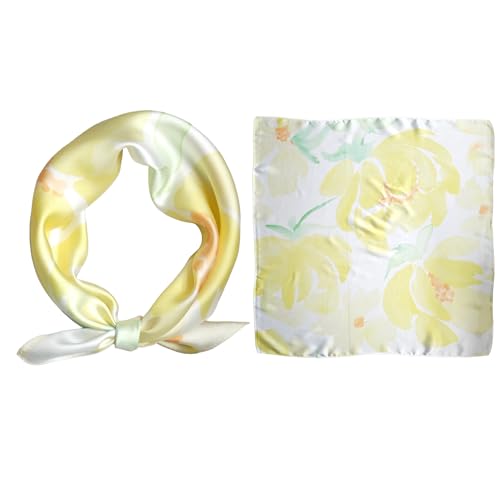 GIMIRO Schal aus imitierter Seide [53 x 53cm] Imitat Seidentuch mit Blumenmuster Gelb-Weiß-Grün (Yellow Flower) von GIMIRO
