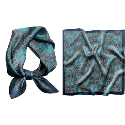 GIMIRO Schal aus imitierter Seide [53 x 53cm] Quadratische Schals Impressionismus-Muster Vintage-Schal für Büroarbeit oder lässigen Bund (55# C02 Navy/Coffee/Green PSL) von GIMIRO