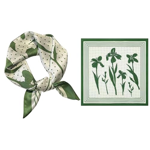 GIMIRO Schal aus imitierter Seide [53 x 53cm] Quadratische Schals Impressionismus-Muster Vintage-Schal für Büroarbeit oder lässigen Bund (61# H01 White/Green Iris) von GIMIRO