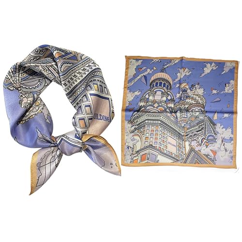 GIMIRO Schal aus imitierter Seide [53 x 53cm] Quadratische Schals Impressionismus-Muster Vintage-Schal für Büroarbeit oder lässigen Bund (62# I01 Yellow/Blue Castle) von GIMIRO