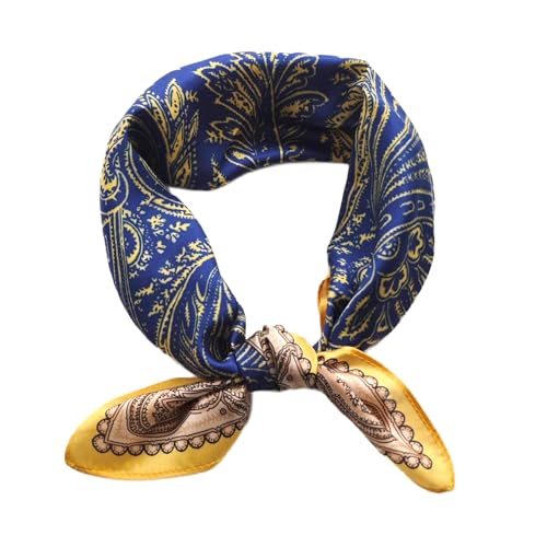 GIMIRO Schal aus imitierter Seide [53 x 53cm] Quadratische Schals Eleganter Paisley-Seidenschal Marineblau-Gelb-Beige Klassisches Muster (64# K02 Yellow/Blue PSL) von GIMIRO