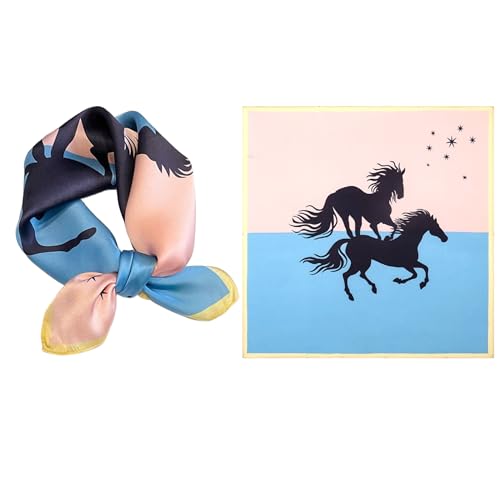 GIMIRO Schal aus imitierter Seide [53 x 53cm] Quadratische Schals Impressionismus-Muster Vintage-Schal für Büroarbeit oder lässigen Bund (81# AD01 Blue/Pink/Black Horses) von GIMIRO