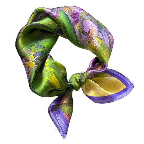 GIMIRO Schal aus imitierter Seide [53 x 53cm] Quadratische Schals Impressionismus-Muster Vintage-Schal für Büroarbeit oder lässigen Bund (83# AF01 Green/Violet Flower) von GIMIRO
