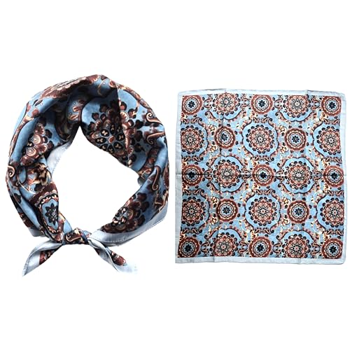 GIMIRO Schal aus imitierter Seide [53 x 53cm] Quadratische Schals Impressionismus-Muster Vintage-Schal für Büroarbeit oder lässigen Bund (86# AI01 Blue/Brown PSL) von GIMIRO