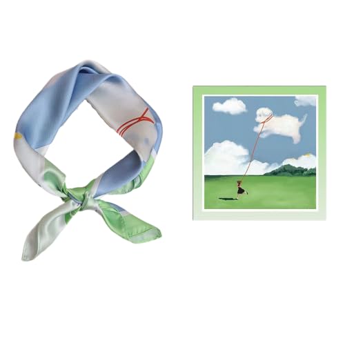 GIMIRO Schal aus imitierter Seide [53 x 53cm] Quadratische Schals Impressionismus-Muster Vintage-Schal für Büroarbeit oder lässigen Bund (Green - Girl with Cloud Kate) von GIMIRO