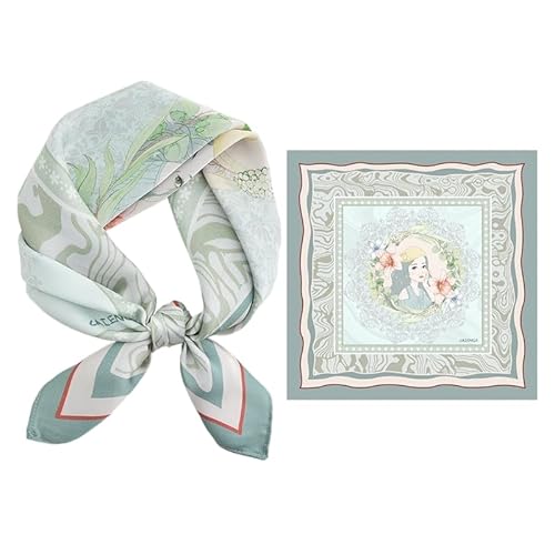 GIMIRO Schal aus imitierter Seide [53 x 53cm] Quadratische Schals Seidenschal Mint-Weiß Florales Design mit Kunstmotiv Elegantes Accessoire (Light Green-Girl in Flowers) von GIMIRO