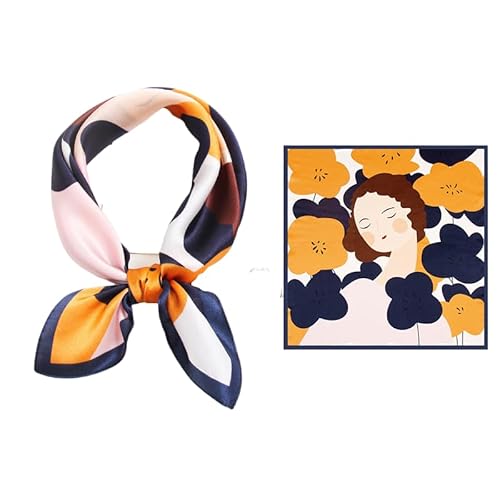 GIMIRO Schal aus imitierter Seide [53 x 53cm] Quadratische Schals Seidenschal Marineblau-Gelb-Beige Paisley-Muster Elegantes Accessoire (Navy and Yellow Flowers around Lady) von GIMIRO