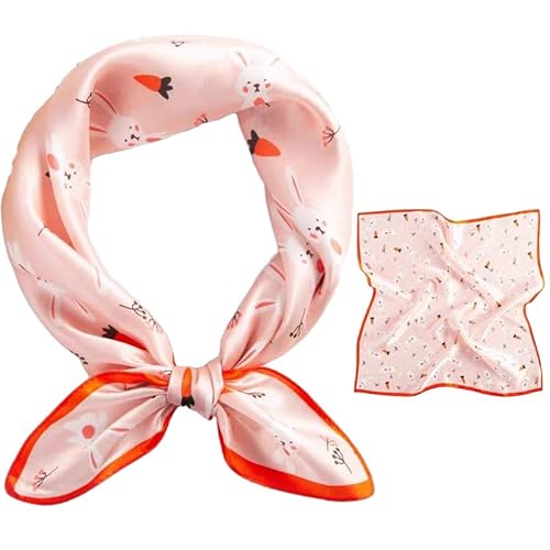 GIMIRO Schal aus imitierter Seide [53 x 53cm] Niedliches Seidenschal mit Hasen-Muster Pink-Orange Quadratisches Design mit Kontrastrand (Pink-Carrots and Rabbits) von GIMIRO