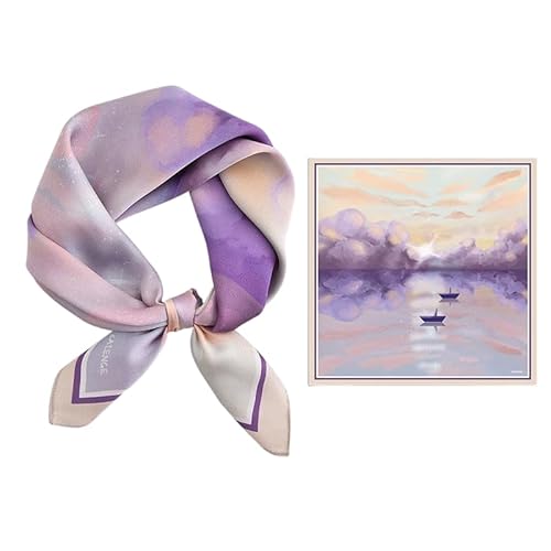 GIMIRO Schal aus imitierter Seide [53 x 53cm] Quadratische Schals Impressionismus-Muster Vintage-Schal für Büroarbeit oder lässigen Bund (Purple- Romantic Sea) von GIMIRO
