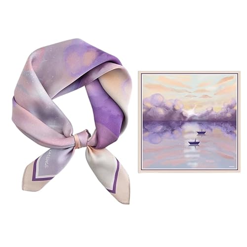 GIMIRO Schal aus imitierter Seide [53 x 53cm] Quadratische Schals Seidenschal Pastell-Violett mit Wolkendesign und Origami-Motiven Eleganter Damenschal mit Lila Bordüre (Purple- Romantic Sea) von GIMIRO