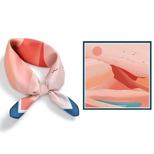 GIMIRO Schal aus imitierter Seide [53 x 53cm] Quadratische Schals Seidenschal Damen Koralle-Blau mit Vogelmotiv und Landschaftsdesign Navy Bordüre (Red-Sunset on Desert) von GIMIRO