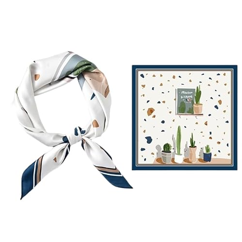GIMIRO Schal aus imitierter Seide [53 x 53cm] Quadratische Schals Seidenschal Marineblau-Beige-Gelb Kaktus-Muster Modernes Design (White - Green Plants) von GIMIRO
