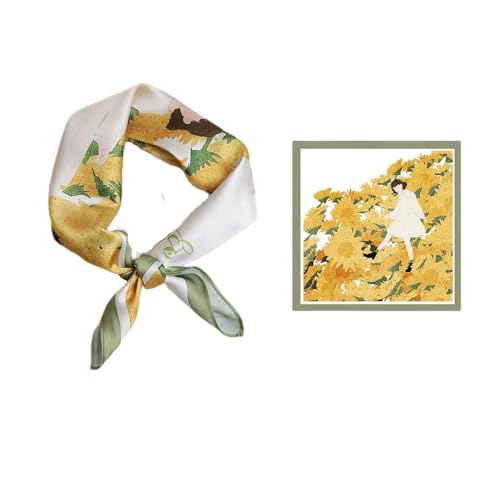 GIMIRO Schal aus imitierter Seide [53 x 53cm] Quadratische Schals Impressionismus-Muster Vintage-Schal für Büroarbeit oder lässigen Bund (Yellow - Walk in Flowers) von GIMIRO