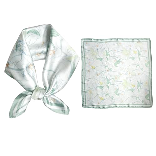 GIMIRO Schal aus imitierter Seide [53 x 53cm] Seidentuch mit Blumenmuster Gelb-Weiß-Mintgrün Elegantes Desig (Green White Iris) von GIMIRO