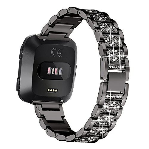 GIMart Kompatibel mit Fitbit Versa Metallarmband Damen Mädchen Bling Strass Edelstahl Ersatz Uhr Armband Zubehör Armband für Fitbit Versa 2/Versa Lite/Versa SE (Schwarz) von GIMart