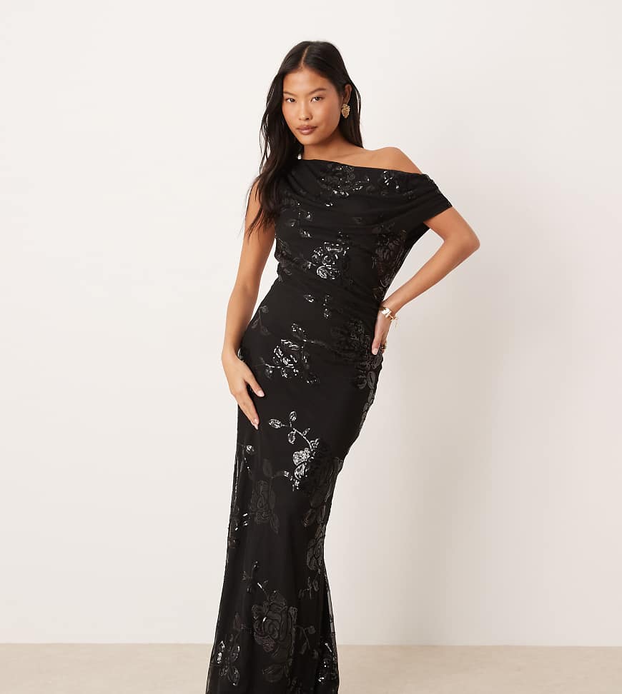 Gina Tricot Petite - Asymmetrisches Maxikleid in Schwarz mit Pailletten und abfallendem One-Shoulder-Design von GINA TRICOT Petite