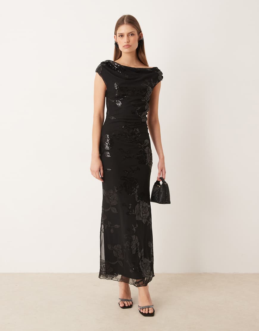 Gina Tricot - Asymmetrisches Maxikleid in Schwarz mit Pailletten und abfallendem One-Shoulder-Design von GINA TRICOT