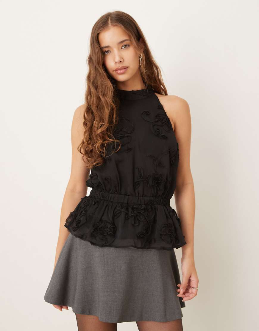 Gina Tricot - Besticktes Neckholder-Top in Schwarz mit Schößchen von GINA TRICOT