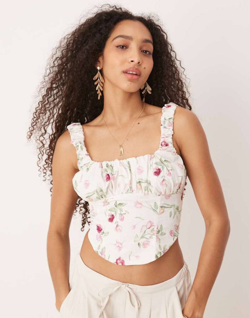 Gina Tricot - Korsett-Oberteil in Wollweiß mit Rosenmuster und Rückenschnürung von GINA TRICOT