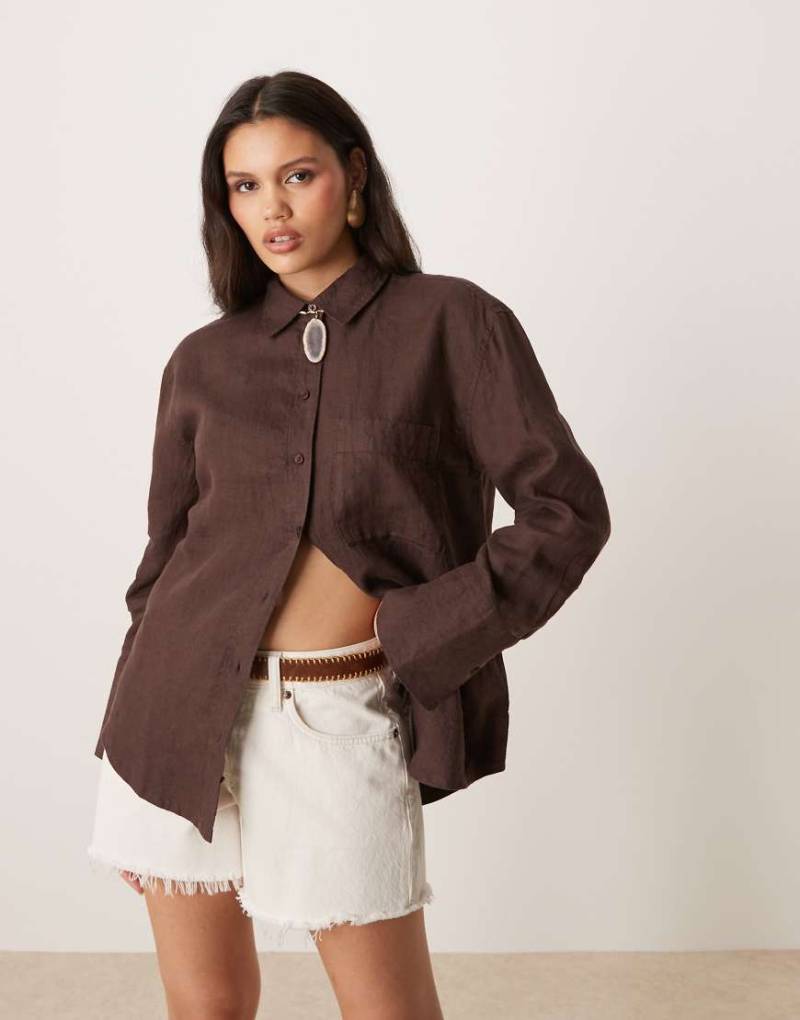 Gina Tricot - Langärmlige Relaxed-Fit-Hemdbluse aus Leinen in Braun von GINA TRICOT