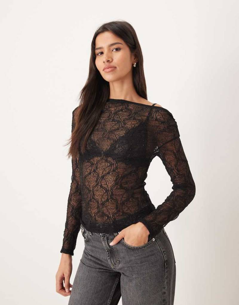 Gina Tricot - Langärmliges, transparentes Oberteil in Schwarz mit floralen Pailletten von GINA TRICOT