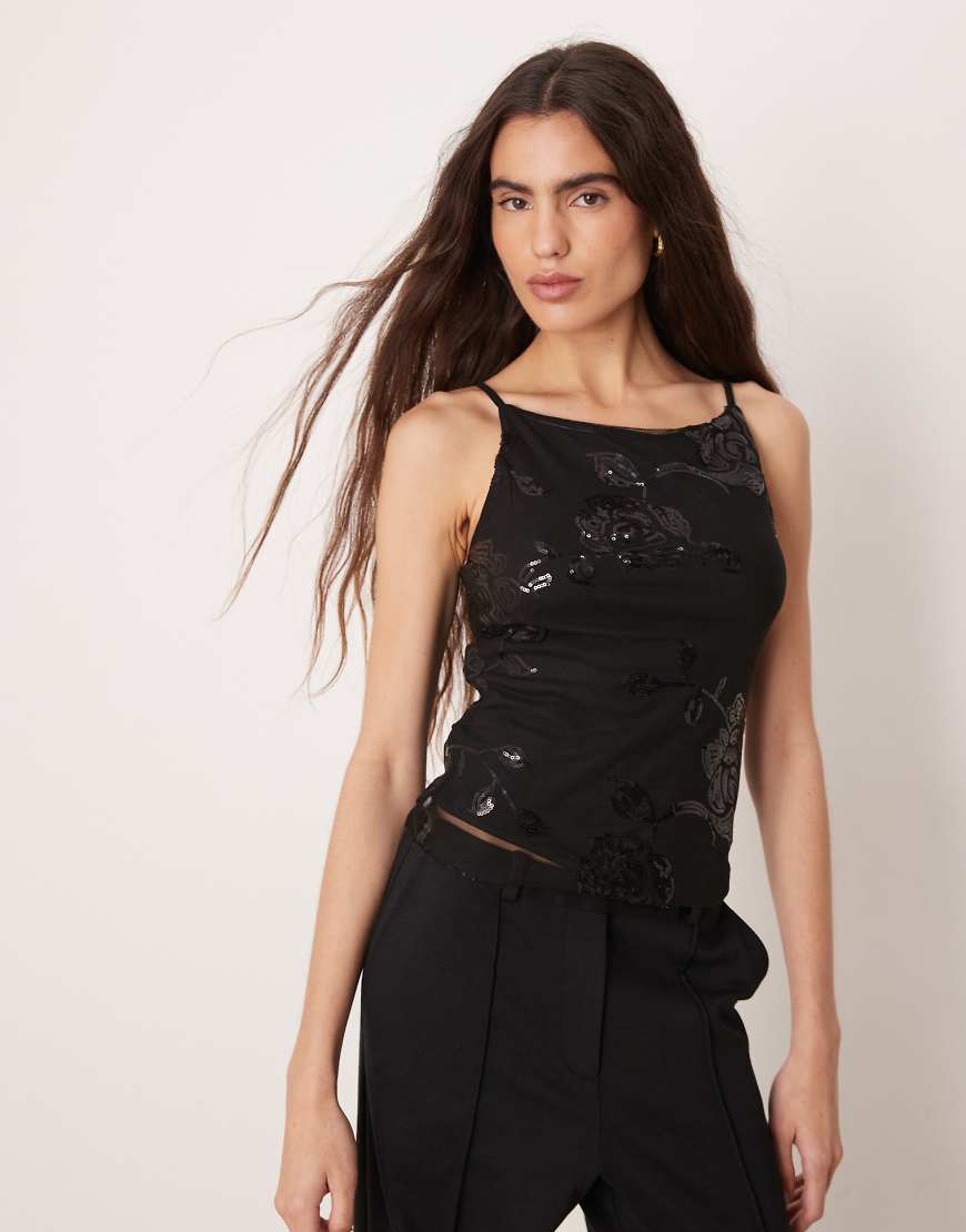 Gina Tricot - Langärmliges, transparentes Oberteil in Schwarz mit floralen Pailletten von GINA TRICOT