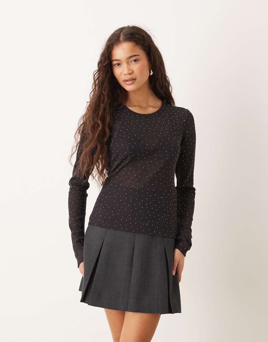 Gina Tricot - Langärmliges, transparentes Slim-Fit-Oberteil in Schwarz mit Strassverzierung von GINA TRICOT