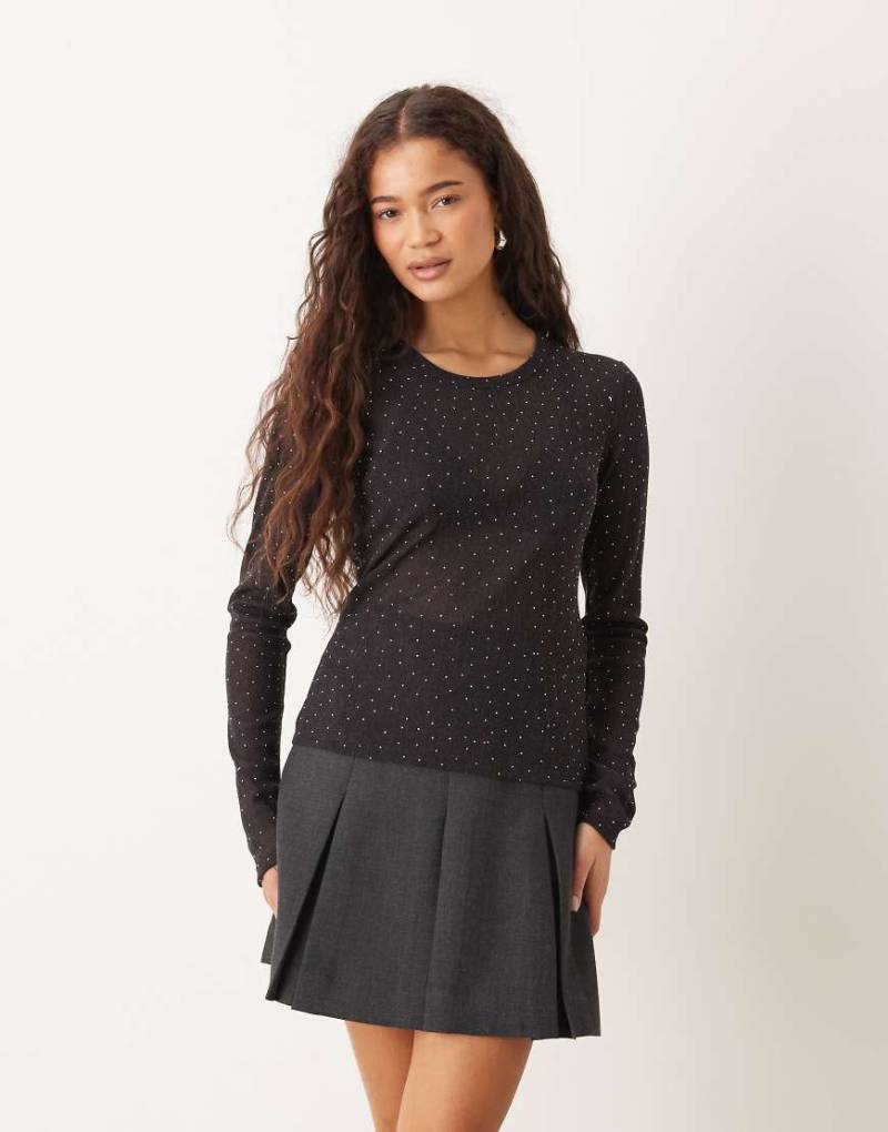 Gina Tricot - Langärmliges, transparentes Slim-Fit-Oberteil in Schwarz mit Strassverzierung von GINA TRICOT