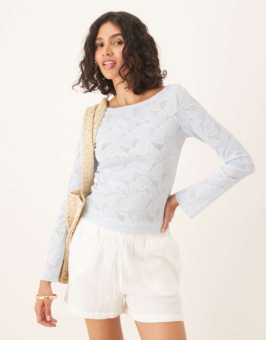 Gina Tricot - Langärmliges Oberteil aus transparenter, strukturierter Jersey-Spitze in Hellblau mit ausgestellten Ärmeln von GINA TRICOT