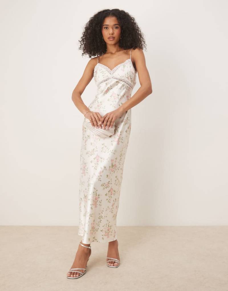 Gina Tricot - Satin-Maxikleid in Weiß mit Spitzenborte und Blumenmuster von GINA TRICOT