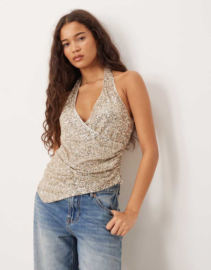 Gina Tricot - Neckholder-Oberteil in Gold mit Pailletten-Goldfarben von GINA TRICOT