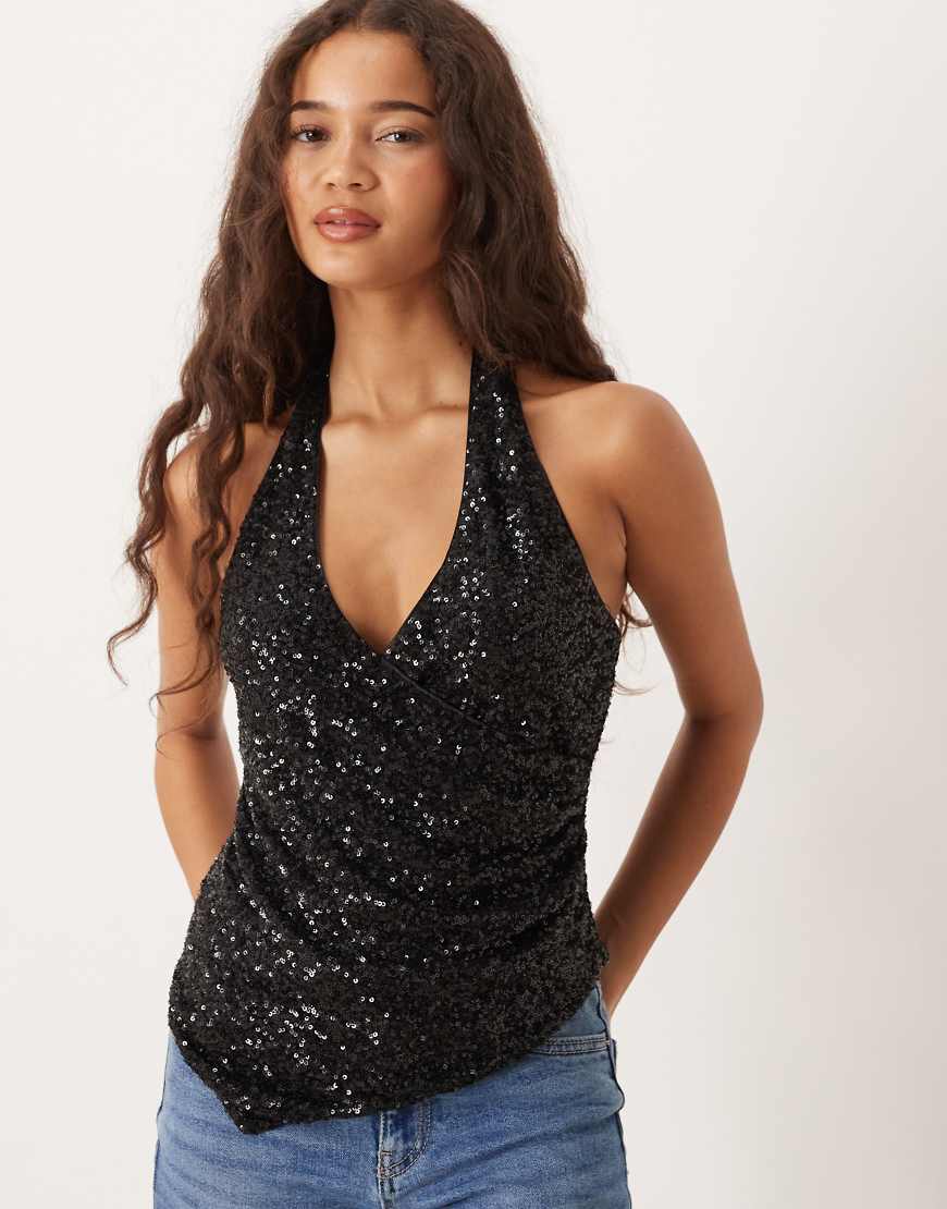 Gina Tricot - Neckholder-Oberteil in Schwarz mit Pailletten von GINA TRICOT