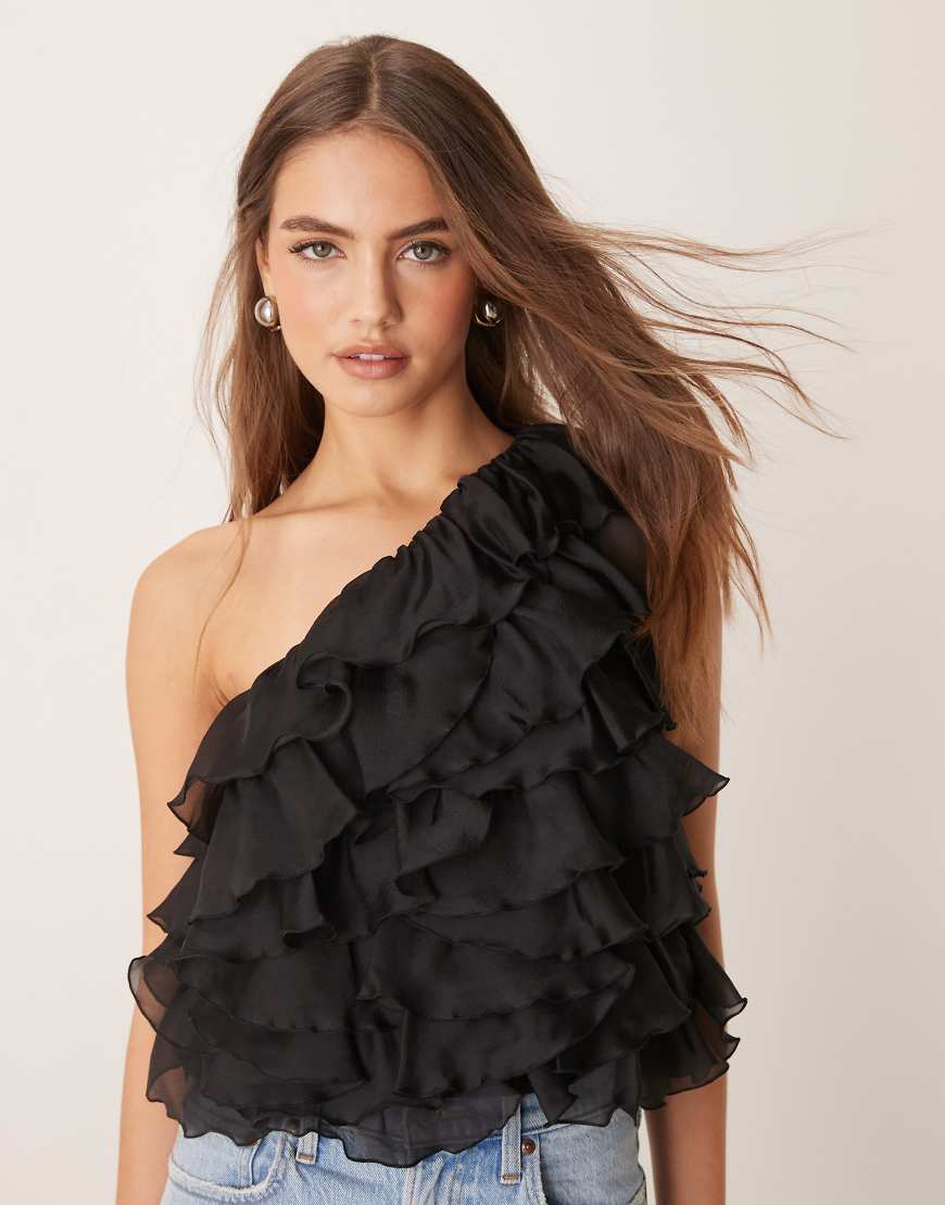 Gina Tricot - One-Shoulder-Top aus Organza in Schwarz mit mehrlagigen Rüschen von GINA TRICOT
