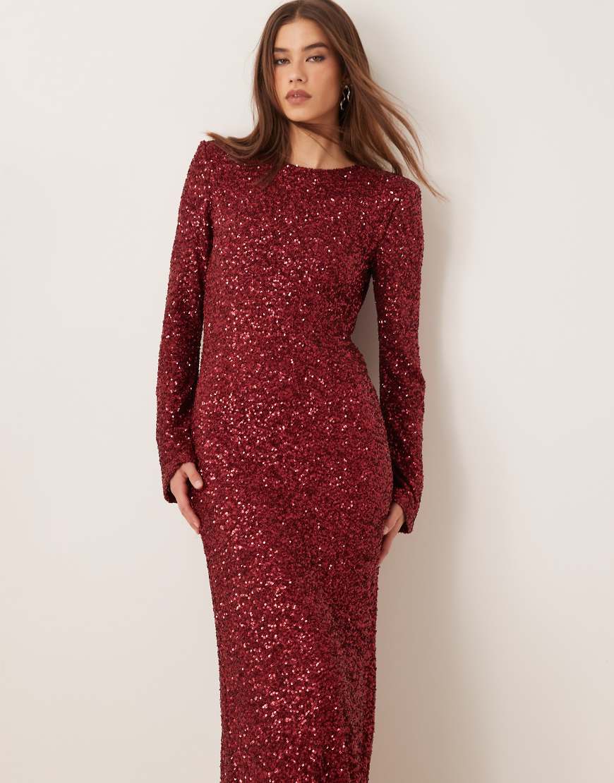Gina Tricot - Pailletten-Maxikleid in Dunkelrot mit Flötenärmeln und Rückenausschnitt Gina Tricot - Pailletten-Maxikleid in Dunkelrot mit Flötenärmeln und Rückenausschnitt von GINA TRICOT