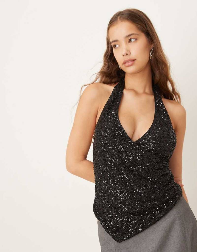 Gina Tricot - Pailletten-Oberteil in Schwarz mit drapierter Vorderpartie von GINA TRICOT