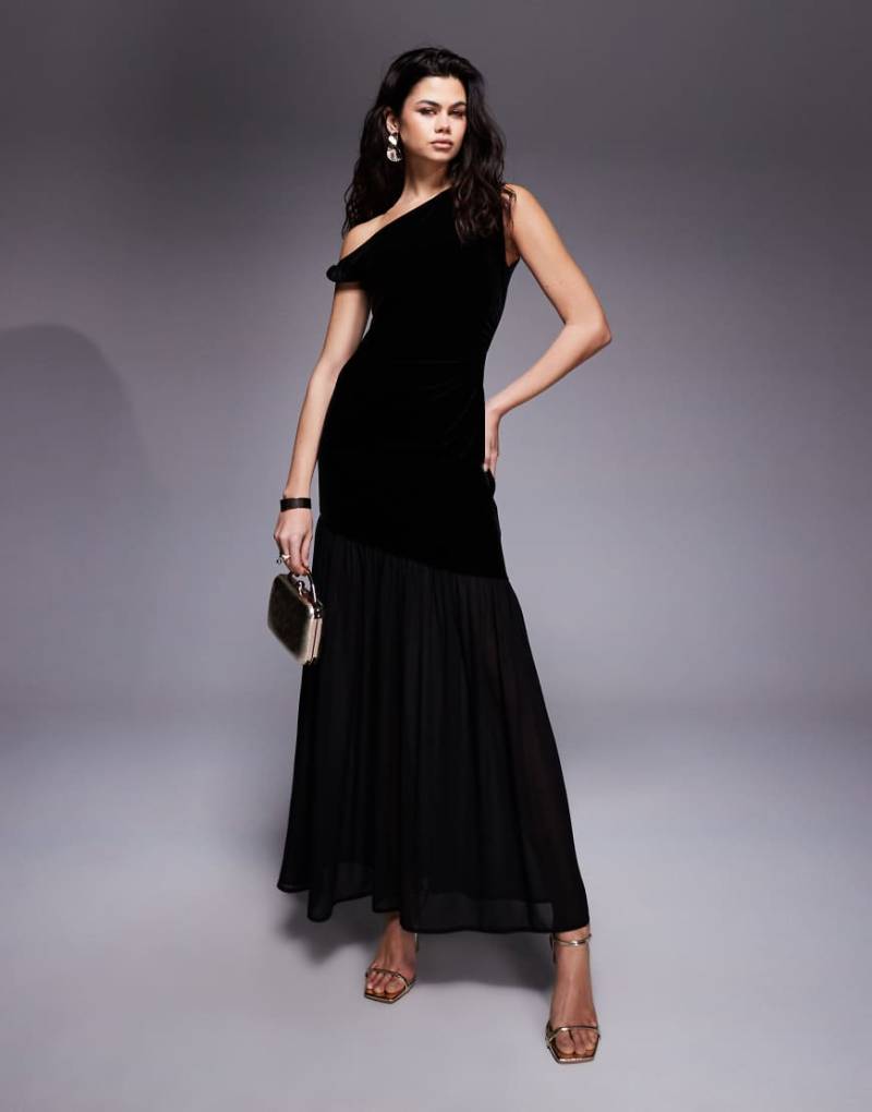 Gina Tricot - Schwarzes Maxikleid mit Netzstoff-Rock und abfallendem verdrehtem Trägerdetail von GINA TRICOT