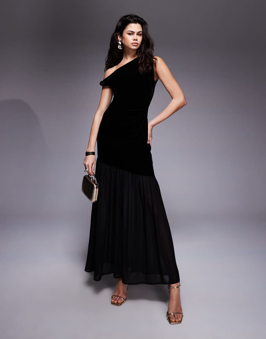 Gina Tricot - Schwarzes Maxikleid mit Netzstoff-Rock und abfallendem verdrehtem Trägerdetail von GINA TRICOT