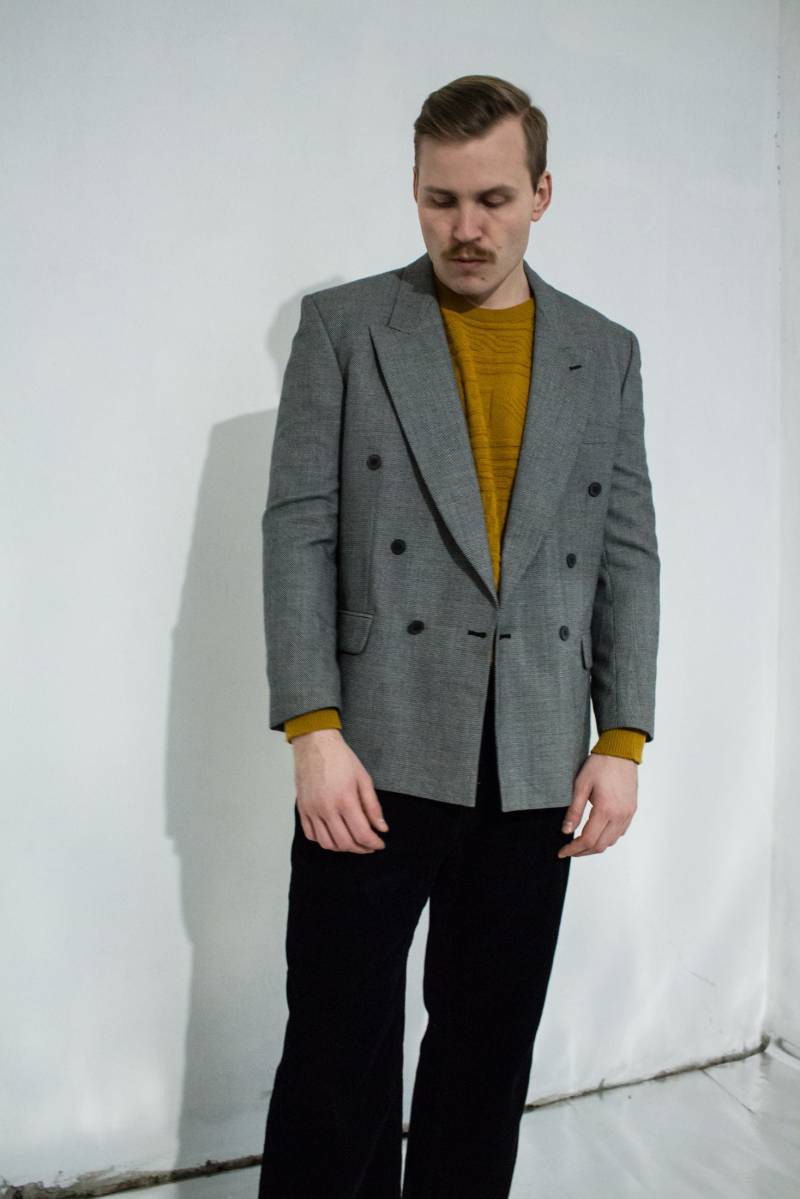 Vintage Schwarz-Weiß Muster Gestreifter Blazer/Wolle Und Polyester Blend Doppelbrust von GINGERINN