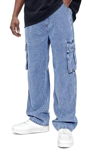 GINGTTO Cargo Hosen Herren Baggy Regular Loose Fit Denim Cargohose Männer Straight Blau Relaxed Schnitt Kordelzug Arbeitsjeans Weitem Street 32 von GINGTTO