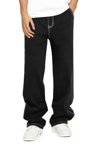 GINGTTO Baggy Jeans Herren Schwarz Stretch Straight Jeanshose Loose Fit Relaxed Denim Hosen Vintage Street Jean für Männer 28 von GINGTTO