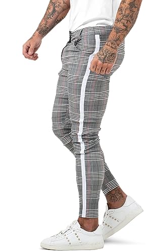 GINGTTO Chino Hose Herren Super Stretch Skinny Männer Grau Modern Kariert Stoffhose Taper Casual Chinohose 28W 30L von GINGTTO