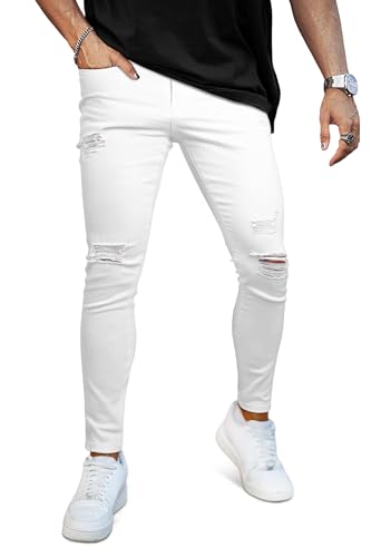 GINGTTO Destroyed Herren Jeans Zerrissen Slim Fit Denim Jeanshose Knie Risse Männer Weiße 34/30 von GINGTTO