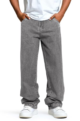 GINGTTO Herren Baggy Jeans Straight Loose Fit Stretch Jeans Regular Male Relaxed Denim Hosen Wide Leg Streetwear mit Taschen Hell Grau 30 von GINGTTO