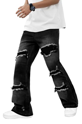 GINGTTO Herren Baggy Jeans Regular Bootcut Fit Straight Cut Stretch Destroyed Jeanshose schwarz Zerrissene 30 von GINGTTO