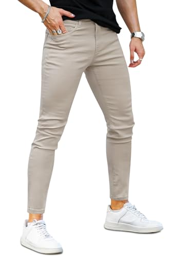 GINGTTO Herren Beige Skinny Denim Hose Jeanshosen Slim Fit Männer Stretch Jeans Mode mit Taschen 36/32 von GINGTTO